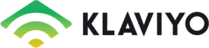 Klaviyo logo featuring a green and yellow gradient wireless signal icon to the left of the bold black text KLAVIYO on a white background.