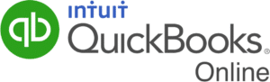 Logo for Intuit QuickBooks Online featuring a green circle with “qb” in white, the word “intuit” in blue above “QuickBooks” in large gray text, and “Online” in smaller gray text below.