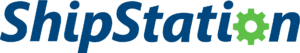 ShipStation logo with the word ShipStation in blue text. The letter o is replaced by a green gear icon. The background is white.