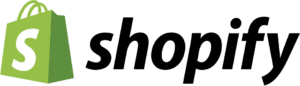 Shopify logo featuring a green shopping bag with a white S on it, next to the word shopify in bold, black lowercase letters.