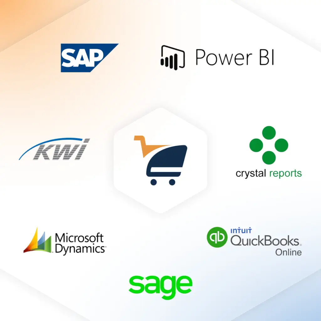 Logos of SAP, Power BI, KWI, Crystal Reports, Microsoft Dynamics, QuickBooks Online, and Sage—leading Grocery Accounting solutions—are arranged around a central shopping cart icon on a hexagon background.