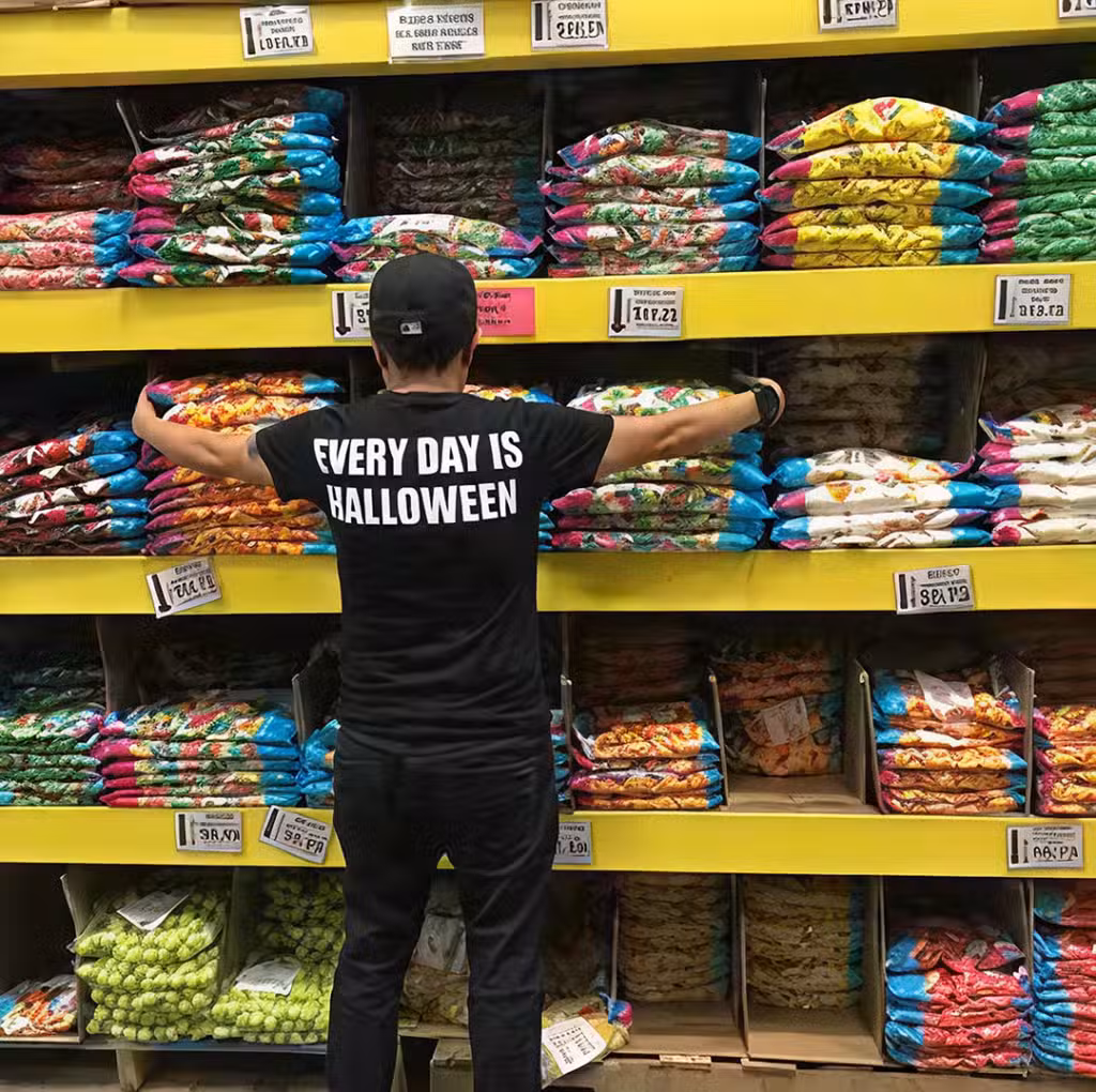 A person wearing a black Every Day Is Halloween shirt stands with arms outstretched, facing shelves stacked with colorful bags of candy in a store.