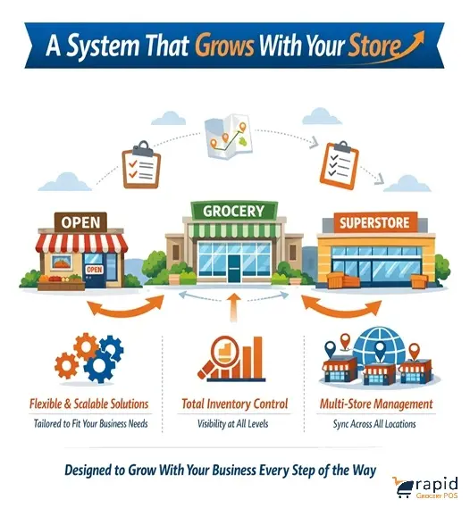 Infographic showing a POS system for stores. Three store types: Open, Grocery, and Superstore. Features include scalable solutions, grocery store inventory management software, and multi-store management. Rapid POS logo in bottom right.