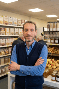 A man with a beard and blue eyes, wearing a blue shirt and navy vest, stands with arms crossed in a grocery store. Shelves of food products, jars of jam, apples, and potatoes are visible in the background. Learn more about the 7 Habits of Highly Successful Grocery Store Managers