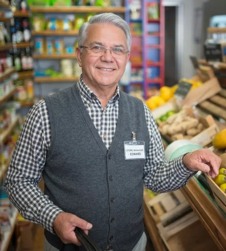Smiling store manager wearing glasses and a name tag stands by a produce display in a grocery store, holding a fruit—a perfect example of the habits of highly successful grocery store managers. Shelves filled with products and fresh vegetables are visible in the background.