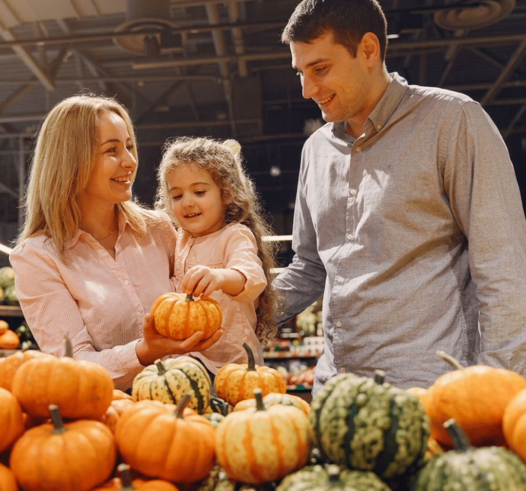 A smiling family of three picks out pumpkins together at a store, surrounded by orange and green pumpkins on display, thanks to an efficient grocery store inventory management system that keeps the seasonal selection fresh and abundant.
