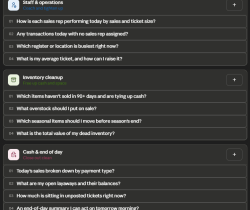 A dashboard displays four sections: Staff & operations, Inventory cleanup, and Cash & end of day, each with specific business-related questions listed underneath. The layout is dark with colored icons and accent text.