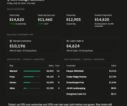 A dark-themed store manager dashboard shows sales stats, leading reps, top customers, sales by type, and transaction counts for July 24, 2026. Marisol and Harper Whitfield lead in reps and customers.
